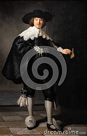 Wedding portrait of Marten Soolmans, painting by Rembrandt van Rijn Editorial Stock Photo